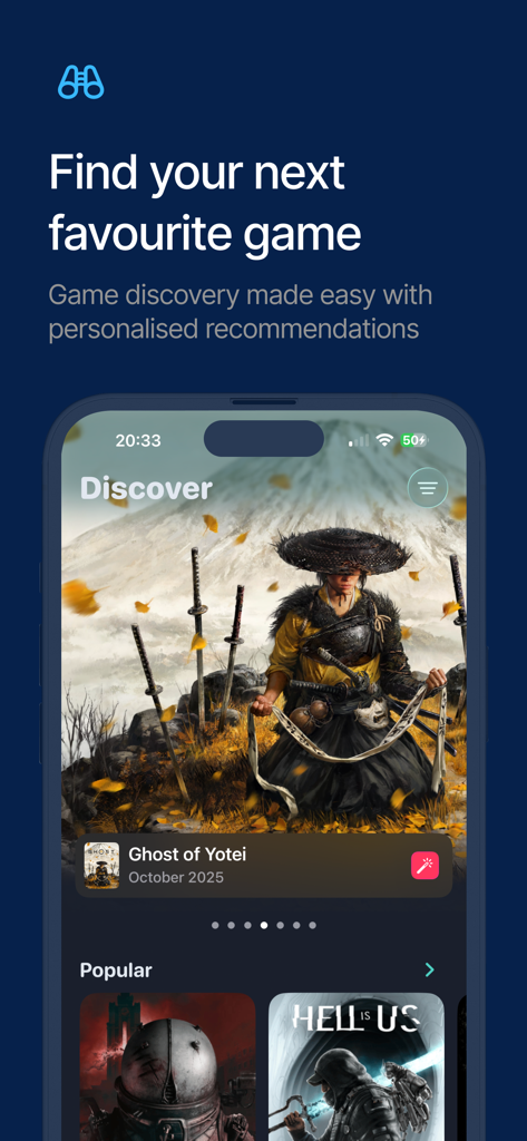 GameTrack - GameTrack app Discover screen showing personalized video game recommendations and featured titles.