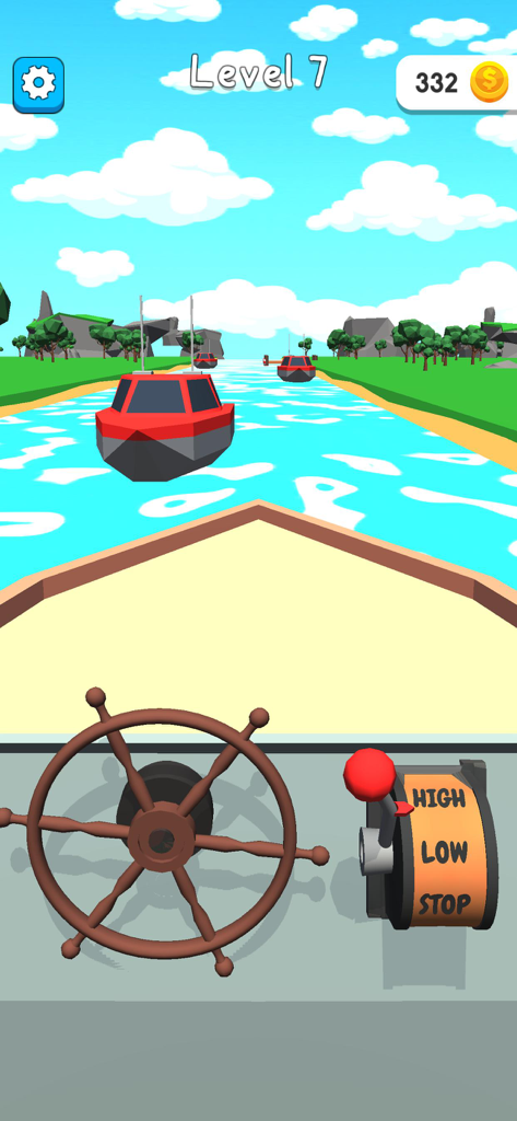 A first person view of a boat steering wheel and throttle in the Hyper Boat mobile game.