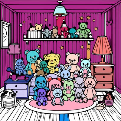 a room full of stuffed animals and full of lights