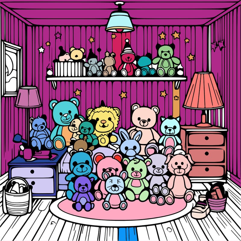 a room full of stuffed animals and full of lights