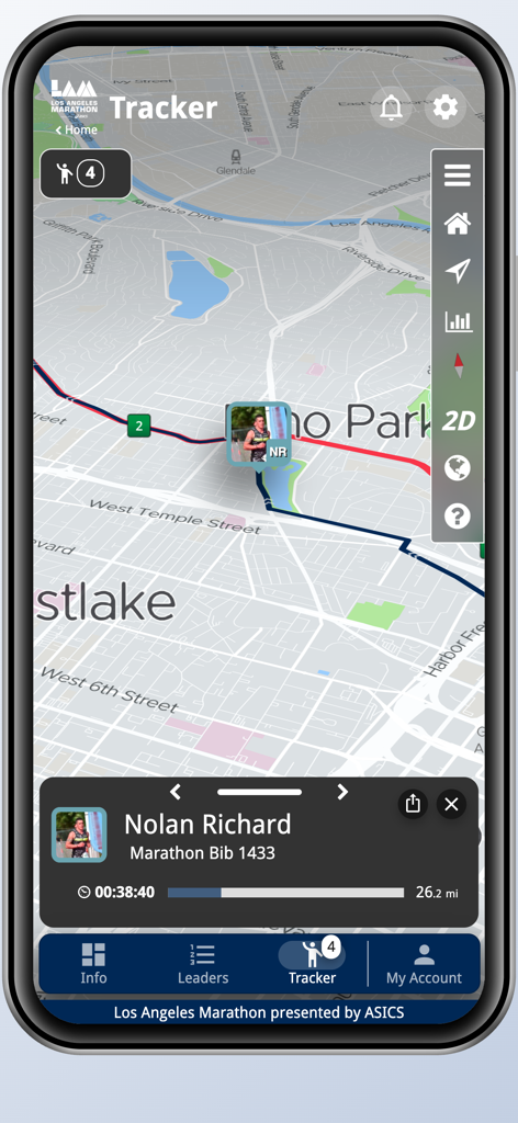 Live runner tracking map on the 2025 LA Marathon mobile app