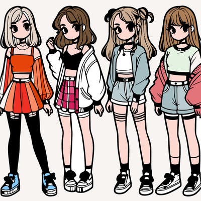 one girl with crop-top shirt and a jacket with a skirt, long socks and another girl with a shirt and pants with a jacket