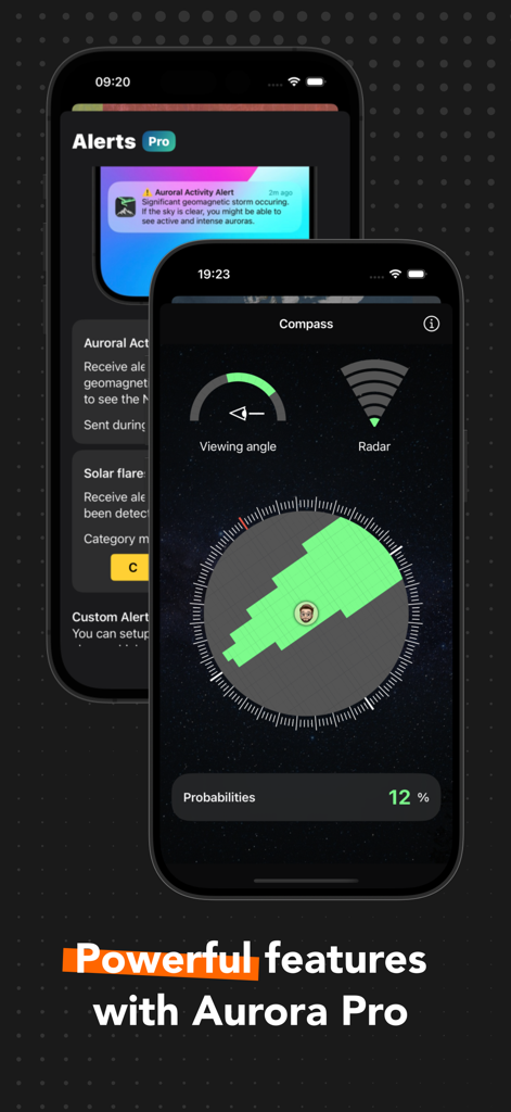 Easy Aurora: Forecast & Alerts - Easy Aurora app interface showing pro features including activity alerts and northern lights compass