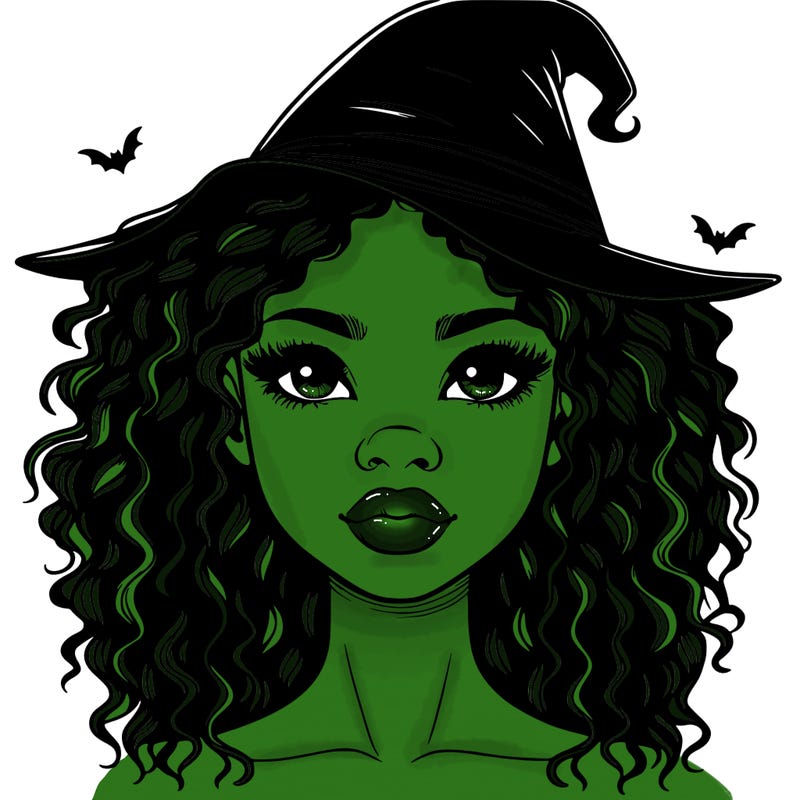realistic black girl with wavy hair and witch hat and nose and lips