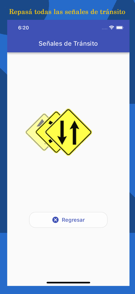 Examen de manejo - Screenshot of the traffic signs review section in the Argentinian driving exam app showing a two-way traffic sign