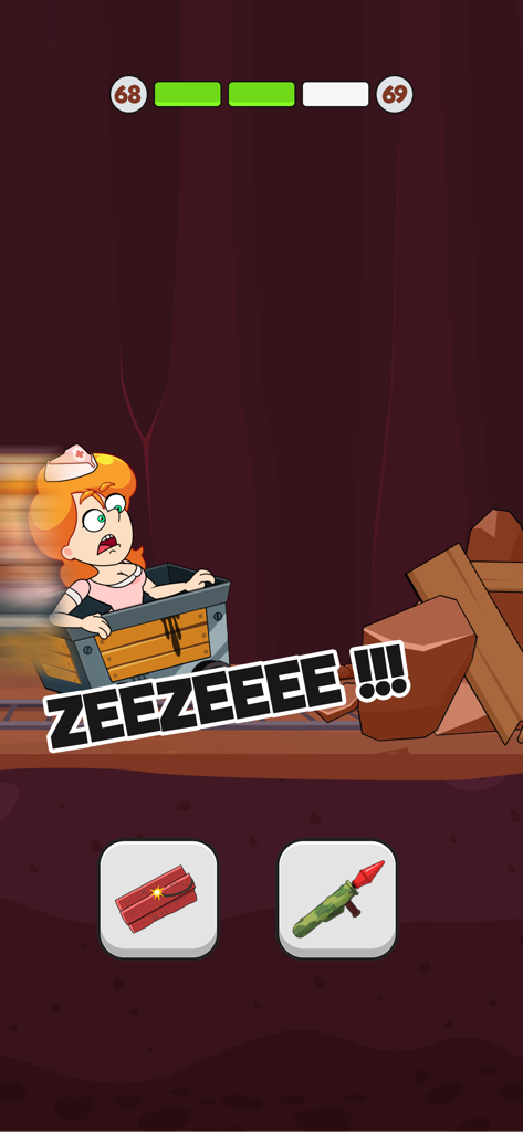 Save The Lady - Ein Entscheidungsrätsel-Bildschirm in Save The Lady, bei dem eine Figur in einer Loren zwischen Dynamit oder einem Raketenwerfer wählen muss, um einen Felsblock zu räumen.