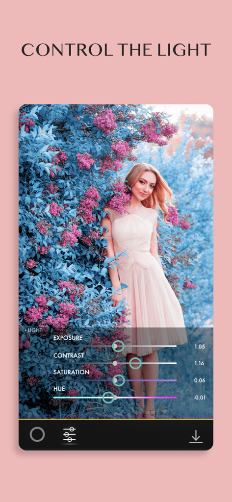 Schermata dell'app Full Spectrum Camera che mostra cursori di regolazione dell'illuminazione su una foto rosa surreale