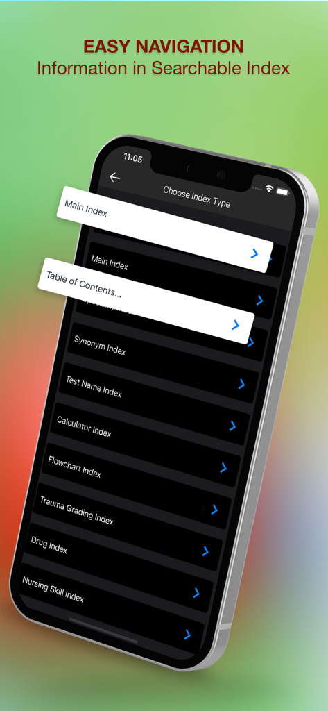 Searchable index screen in the Nursing Essentials app showing clinical reference categories like drug index and medical calculators