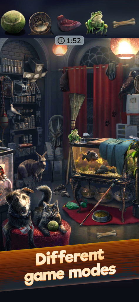 Hidden Objects: Find them all - A gameplay screenshot of a hidden object puzzle scene with a dog and cat showing different game modes