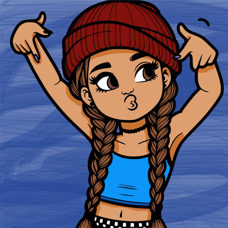 realistic teenage girl with braids and a beanie and crop top doing 🫶🏼