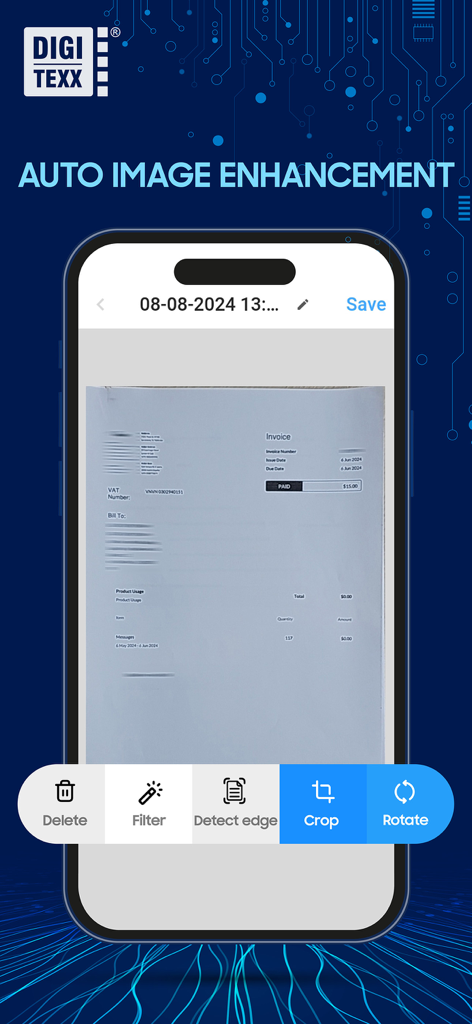 Digi Scan App - iPhone screen displaying the Digi Scan App with auto image enhancement and document editing tools on a scanned invoice
