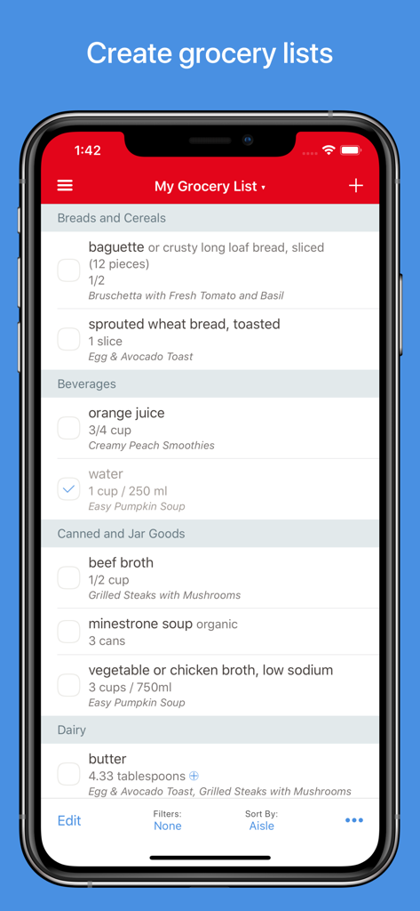 Paprika Recipe Manager 3 - Paprika Recipe Manager 3 grocery list organized by aisle on a smartphone