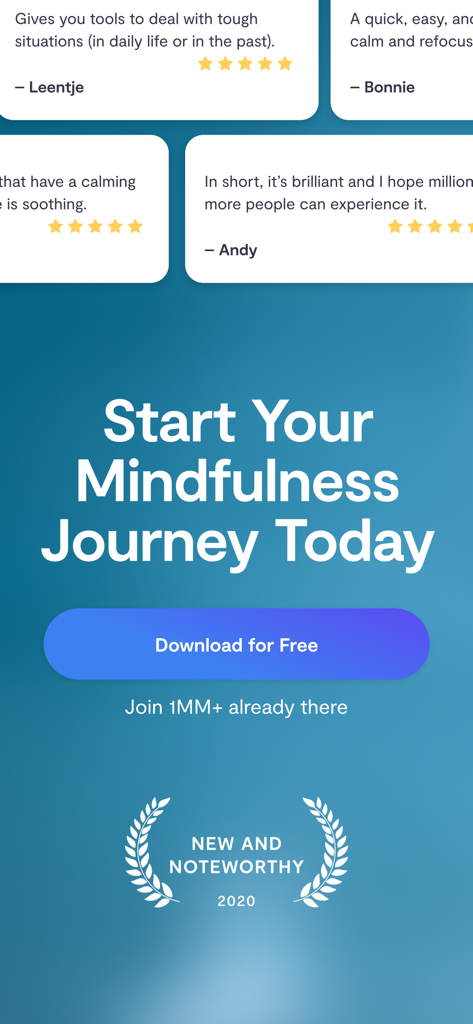 Pantalla de descarga para la aplicación de meditación Mindfulness.com con testimonios de usuarios y el premio Apple New and Noteworthy.