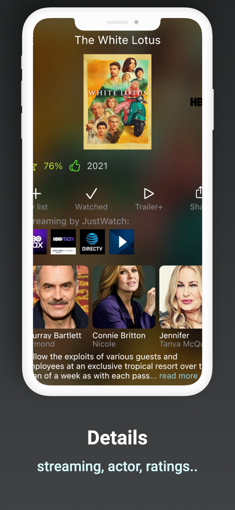 BingeWatch - BingeWatch App-Oberfläche zeigt TV-Serien-Details, Besetzung und Streaming-Verfügbarkeit