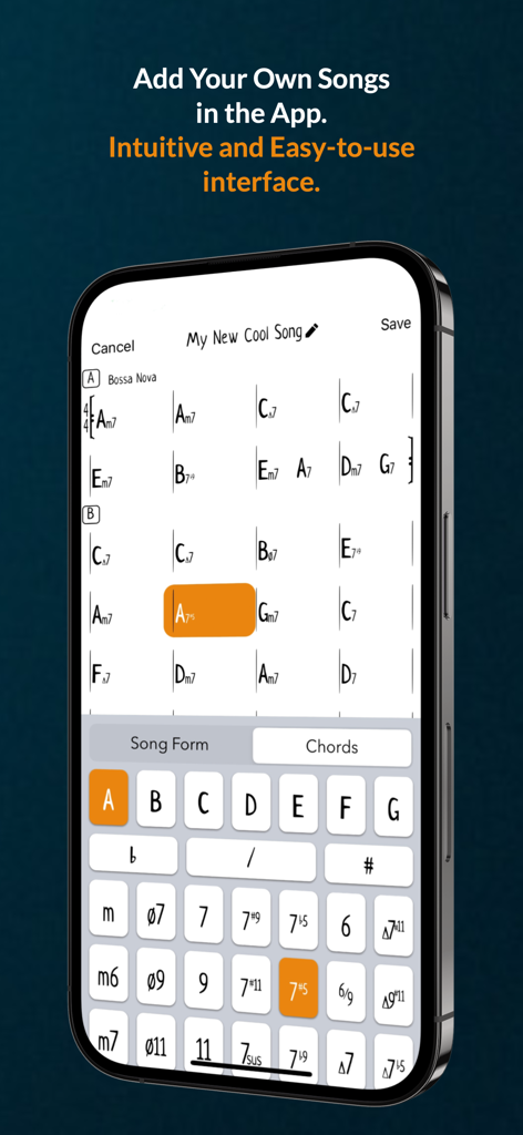 Genius Jamtracks - Genius Jamtracks mobile app interface for creating and editing custom jazz chord charts
