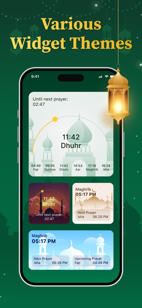 Various Islamic prayer time widget themes on a mobile screen
