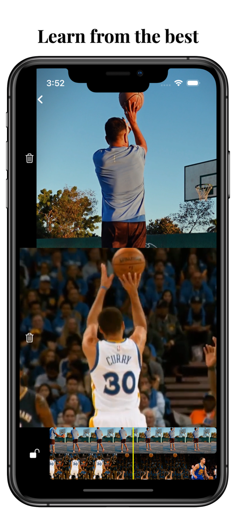 GameEye: Sport Video Analysis - GameEyeアプリで、アマチュアとプロプレイヤーのバスケットボールショットを並べて比較。