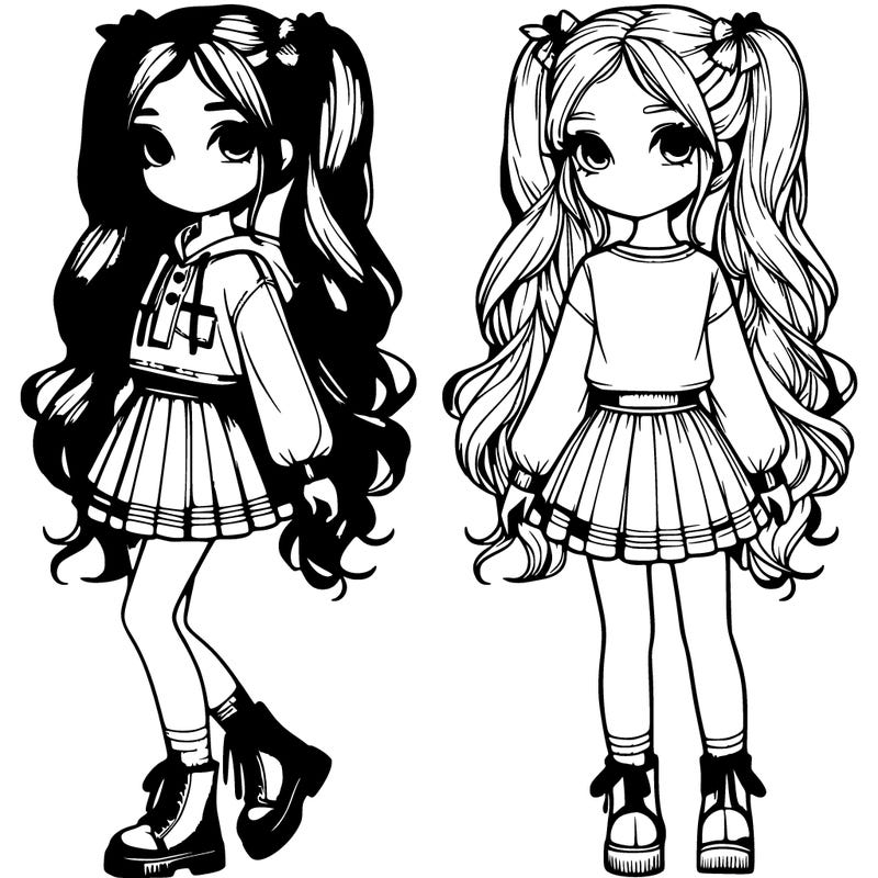 realistic girl  with long pigtails and cute outfit