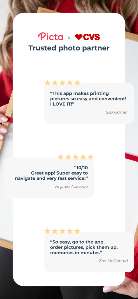 Three positive five star customer reviews for the Picta x CVS photo printing app