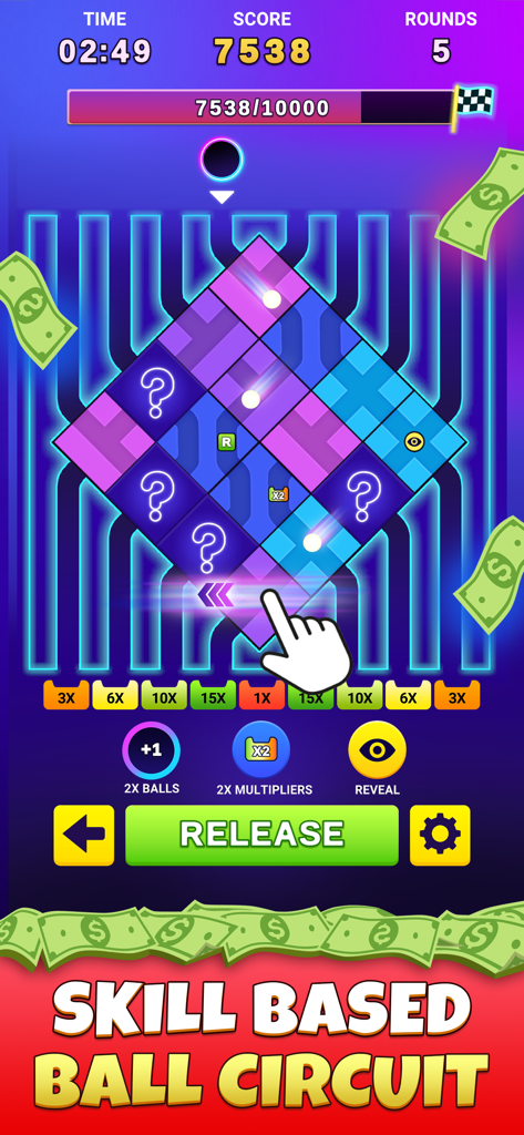 Marble Cash - Jugabilidad de Marble Cash mostrando el circuito de bolas basado en habilidad y los multiplicadores de puntuación
