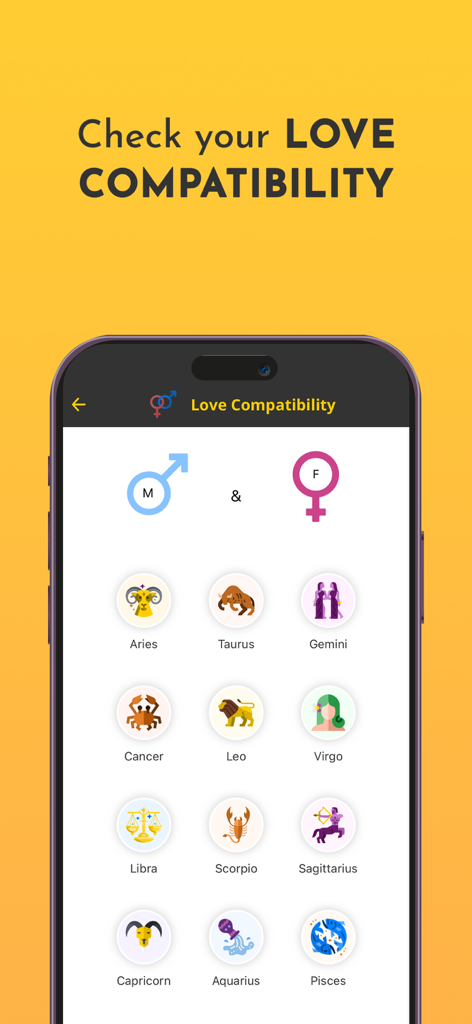 Astroyogi app screen showing the love compatibility feature with icons for all twelve zodiac signs