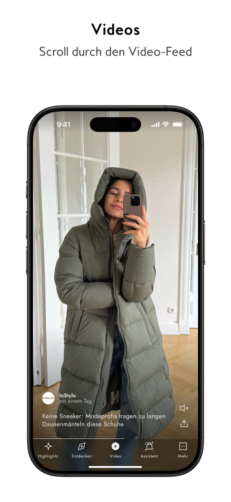 El feed de video de la aplicación InStyle mostrando un tutorial de estilismo de moda para abrigos de invierno