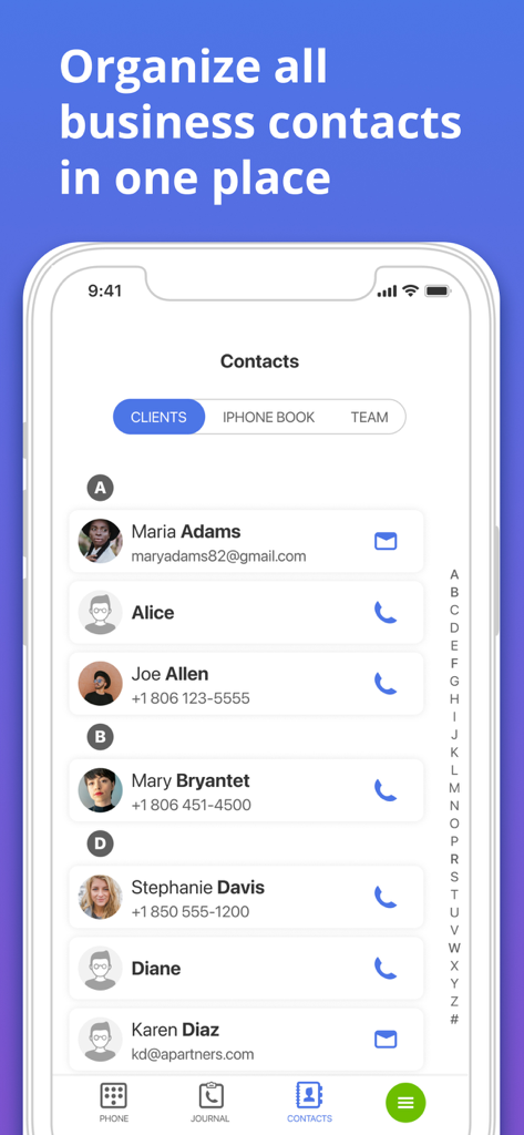 Business contact management interface in the MightyCall Classic app showing organized client and team lists