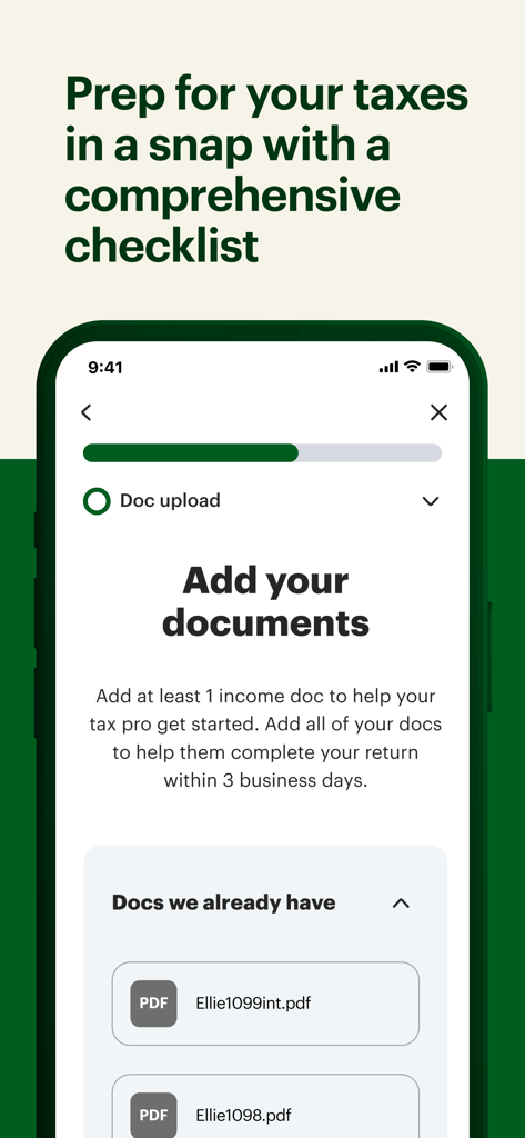 MyBlock app screen showing a comprehensive checklist for uploading tax documents