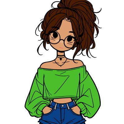 girl with a messy ponytail glasses a baggy crop top and jean shorts