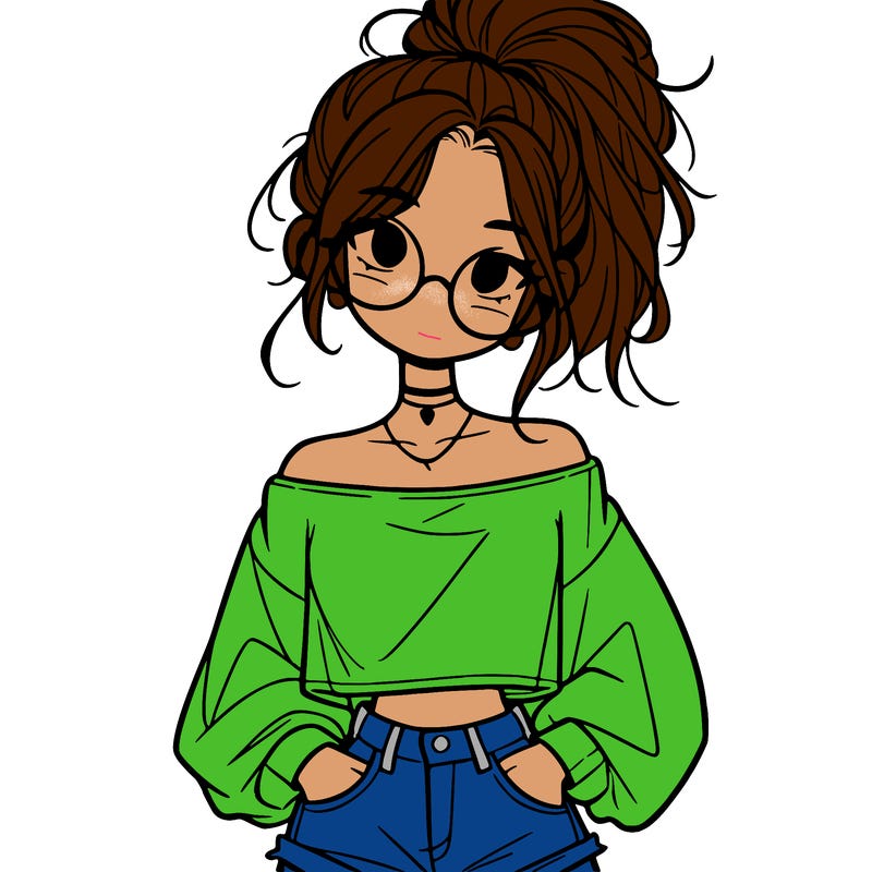 girl with a messy ponytail glasses a baggy crop top and jean shorts