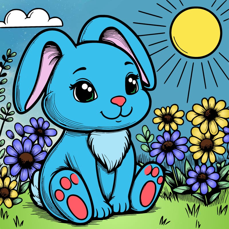 a realistic bunny sitting in a field of flowers with the sun in the sky