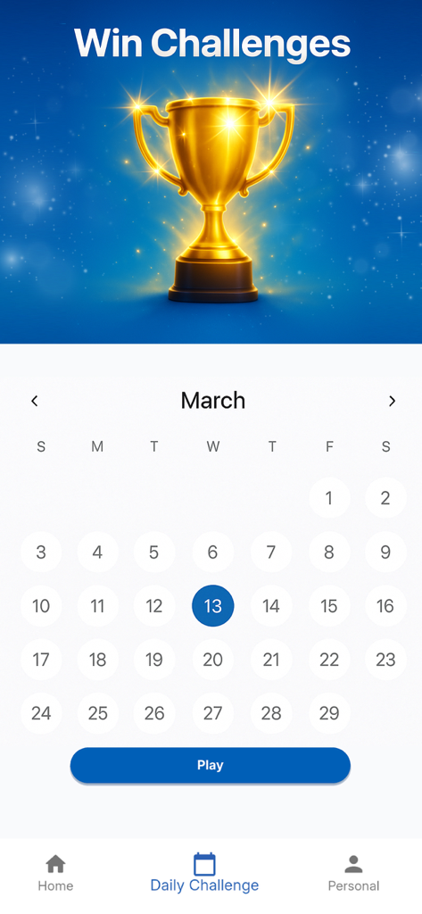 Sudoku Classic Offline Puzzle - Interfaz de la aplicación de Sudoku que muestra un calendario mensual para desafíos diarios y un trofeo de oro.