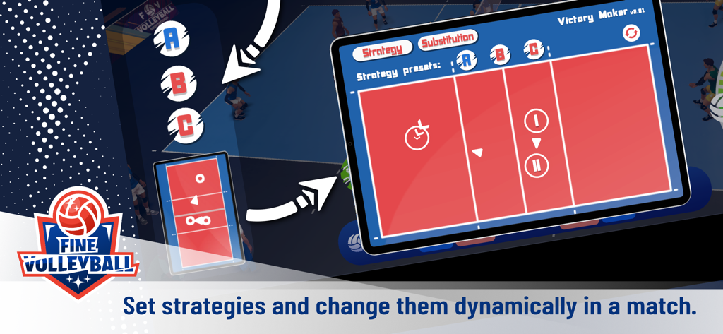 Interface du jeu Volley-ball Fin montrant des préréglages de stratégie de match dynamiques et des tactiques d'équipe