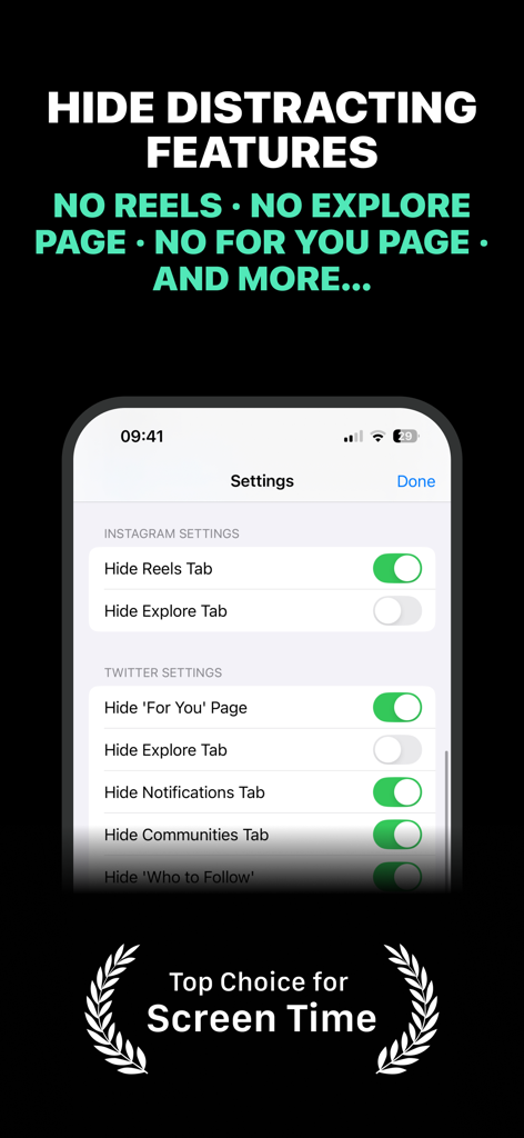 Pantalla de configuración de la aplicación TimeCap que muestra interruptores para ocultar Reels de Instagram y la página 'Para ti' de Twitter para reducir las distracciones del tiempo de pantalla