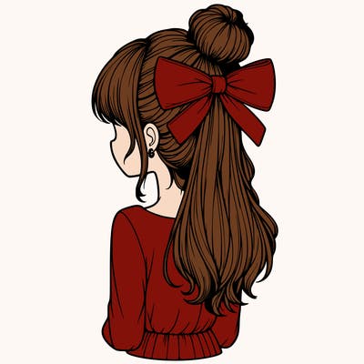 realistic girl  with hip length hair a bun and a big bow on the back of head