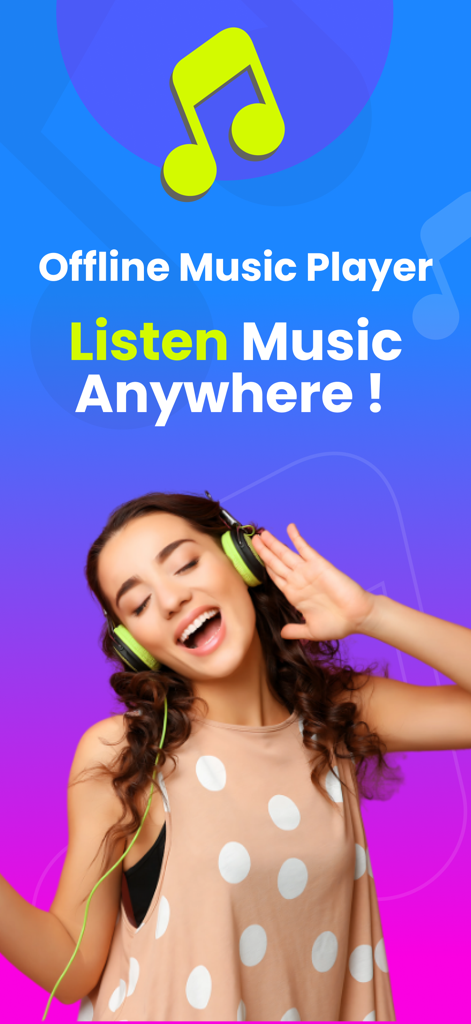 Une jeune femme souriante portant un casque audio vert avec l'inscription « Lecteur de musique hors ligne » et « Écoutez de la musique partout ».