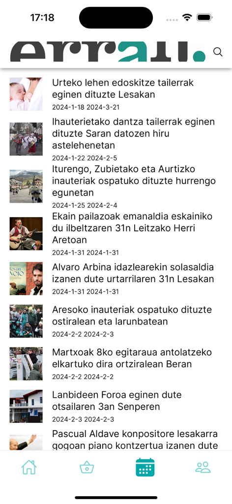Mobile screen of the Erran app showing a list of local news and events in Basque