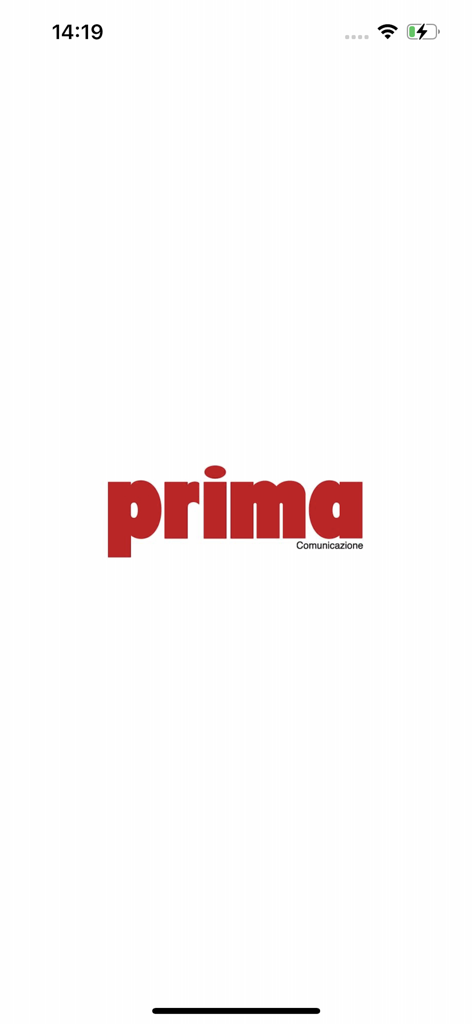 Prima Comunicazione - 흰색 배경에 빨간색과 검은색 로고가 있는 Prima Comunicazione 모바일 앱 스플래시 화면.