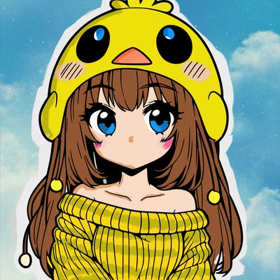 anime girl with chick shaped hat with sweater with bare shoulders with bangs covering them one eye with low tail