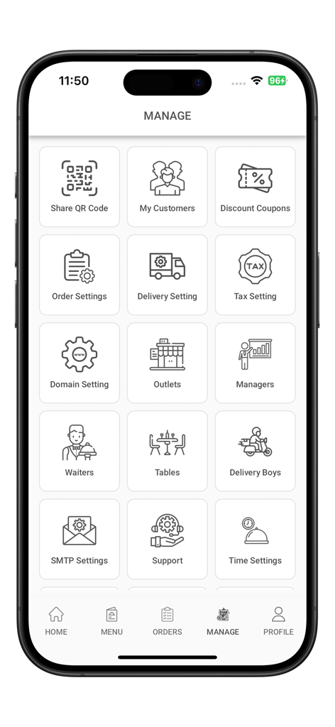 Foodiv app manage screen showing restaurant administration options like QR codes discount coupons and order settings