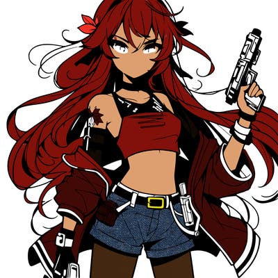 bad girl wearing crop top holding a gun long hair anime