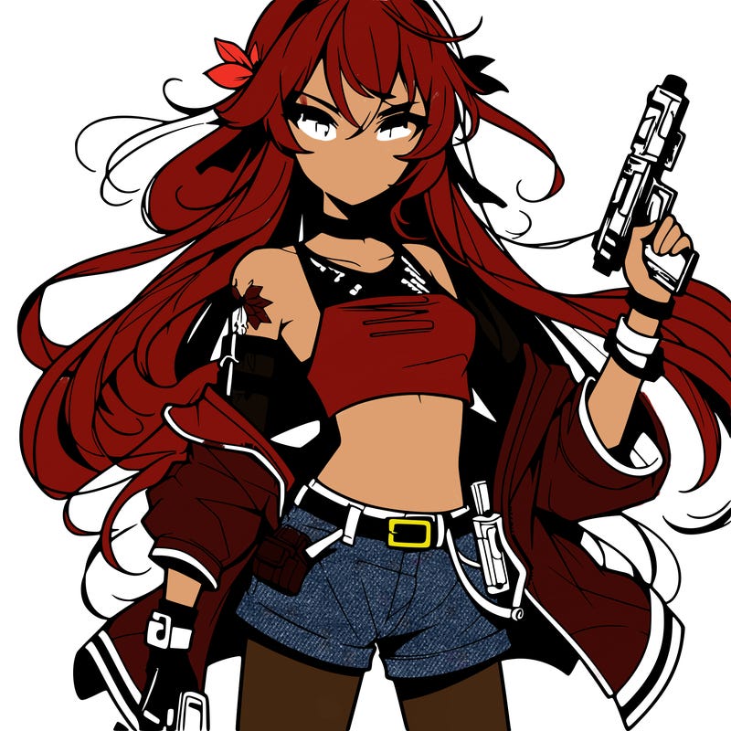 bad girl wearing crop top holding a gun long hair anime