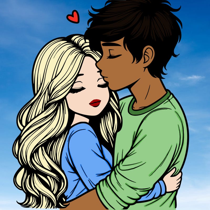 a realistic couple boy and girl hugging and kissing