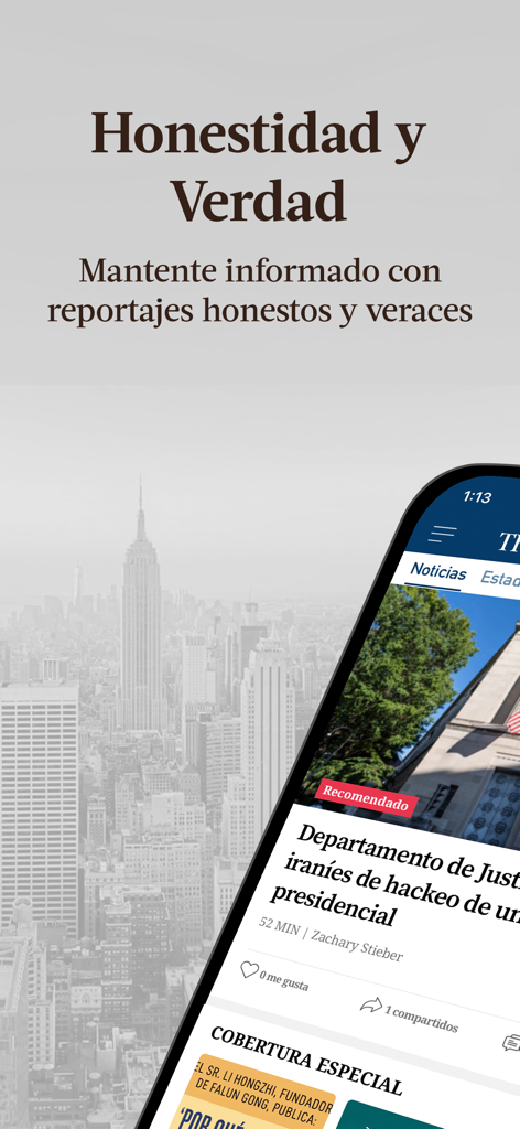 El Epoch: Últimas Noticias - Pantalla de la aplicación El Epoch con noticias en español y el lema Honestidad y Verdad sobre un fondo de ciudad.