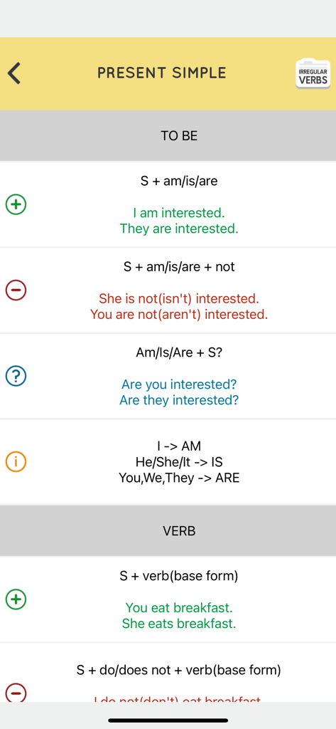 Learn English Grammar Easily - Pantalla educativa que muestra reglas y ejemplos de gramática del tiempo presente simple