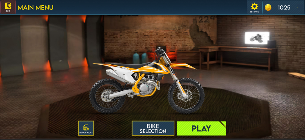 Bike Stunt 3d: Racing Games 3D - Pantalla principal del juego de carreras Bike Stunt 3d con una moto de cross naranja en un garaje