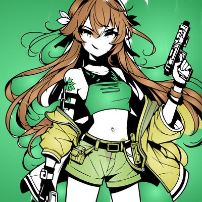 bad girl wearing crop top holding a gun long hair anime