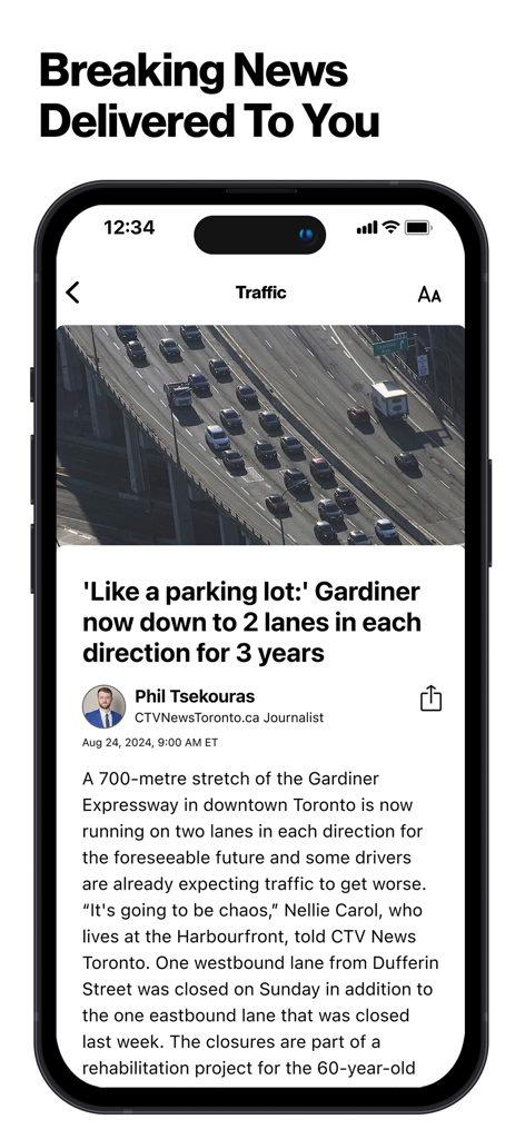 CP24 mobile app showing a traffic news article about Toronto Gardiner Expressway.