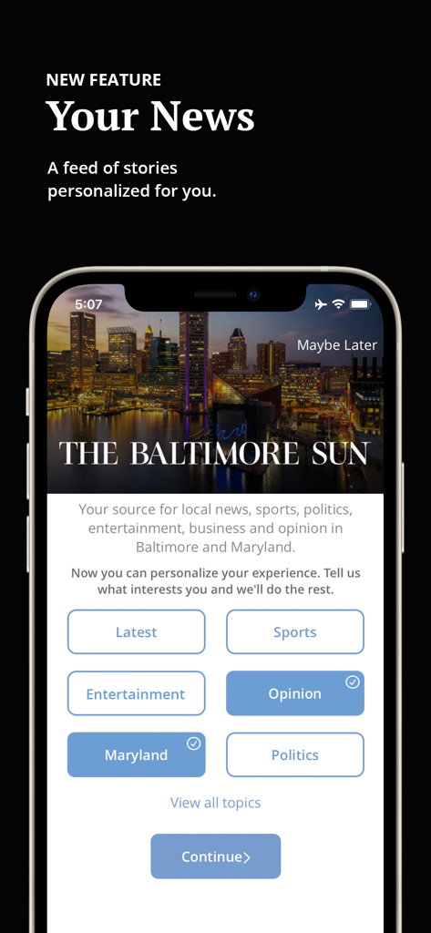 The Baltimore Sun - The Baltimore Sun app onboarding screen for choosing news interests like Sports and Maryland.