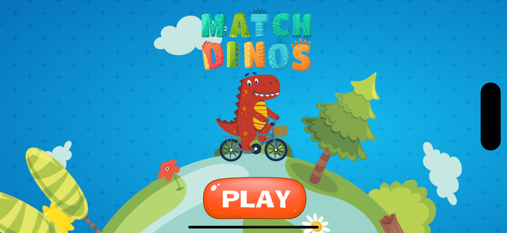 Match Dinos - Match Dinos app home screen featuring a friendly red dinosaur riding a bicycle with a large orange play button